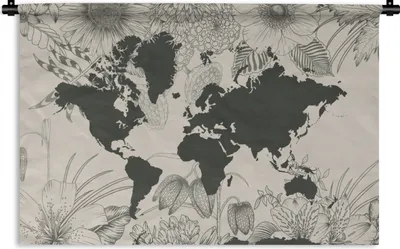 Produktbild von MuchoWow® Wandteppich Wandbehang Weltkarte - Blumen - Grau 120x80 cm Tapisserie Dekoration Wandtuch - Wanddekorationen - Wandtücher