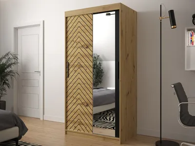 Obrázok produktu pre Úzka zrkadlová šatníková skriňa 100 cm ORIOT - dub artisan / čierna