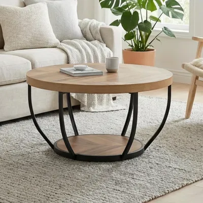 Produktbild von Home Collective Couchtisch Ø 80 cm rund, moderner Beistelltisch mit 2 Ablagen, Wohnzimmertisch mit Metallgestell 46 mm Tischplatte, Sofa-Tisch, idealer Ablagetisch für Wohnzimmer Deko | Eiche dunkel