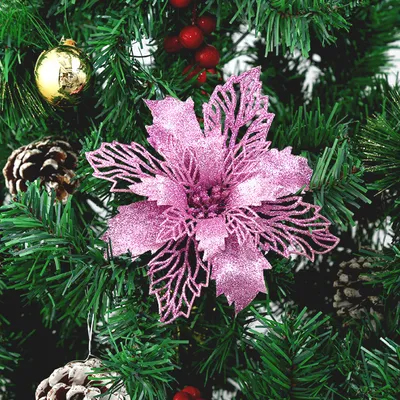 Produktbild von 12 Stück Glitzer Weihnachtsbaum Nachbildungation, Weihnachtsbaumschmuck Ornament aus Kunststoff, Weihnachten Blumen Nachbildung, Christbaumanhänger, 9cm, Lila, Kunststoff