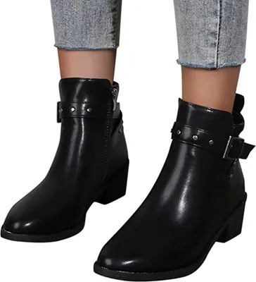 Produktbild von ASKSA Damen Kurz Stiefel mit Absatz Blockabsatz Schnalle Leder Stiefeletten, Schwarz, Größe: 37
