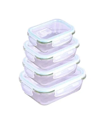 A stack of four rectangular glass food storage containers with light blue lids.