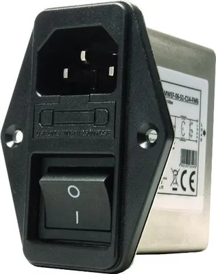 Image de MWEF-06-S1-C14-FM6 : Filtre EMI, 6A/250VAC, interrupteur, entrée : IEC C14, sortie : connecteurs 6,4x0,8mm, dimensions 28,2x57m...