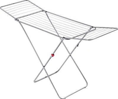 A silver metal drying rack on a white background.