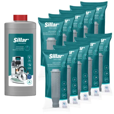 Produktbild von Sillar Wartungsset für Krups, Nivona, Melitta – 10 Wasserfilter F088 + 1L Entkalker PRO AQUA kompatibel