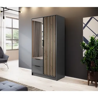 Produktbild von Zweitüriger Kleiderschrank NELA mit Lamellen 105 cm mit Spiegel, Graphit / Graphit + Artisan Eiche