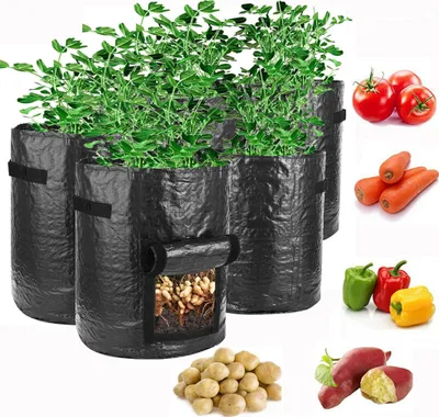 Produktbild von 5 Stück Pflanztasche Kartoffel Tomaten Erdnüsse Pflanzsack PE-Stoff Atmungsaktiv Dauerhaft Pflanzbeutel mit Tragegriffen (5 Gallonen, Schwarz)