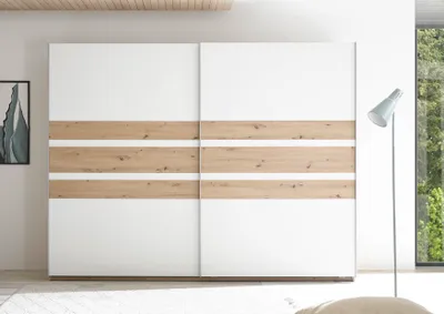 Produktbild von Schwebetürenschrank CATANIA 2-türig Weiß / Artisan Eiche Holznachbildung mit Kleiderstange und Böden
