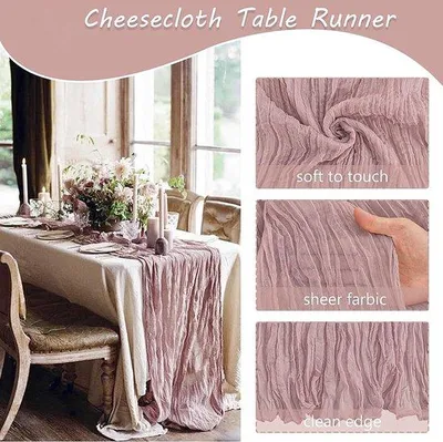 Produktbild von Unyqoos® 4er-Set rosa Boho-Tischläufer (300 cm) aus luftigem Käsetuch – Tischdeko für Hochzeit & Feier