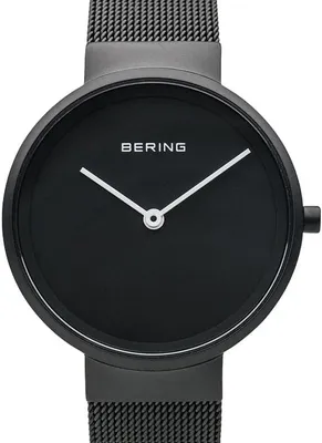 A close-up studio shot of a black Bering watch with a mesh band.
