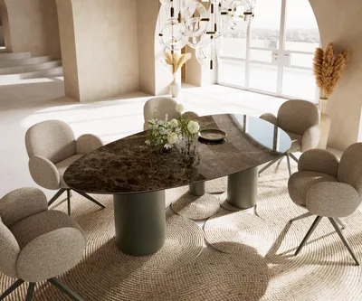 Produktbild von DELIFE Esstisch Edge Oval 220x120 Keramik Emperador Extra Lucidato Dunkelbraun Troa Metall Effektfinish Titan
