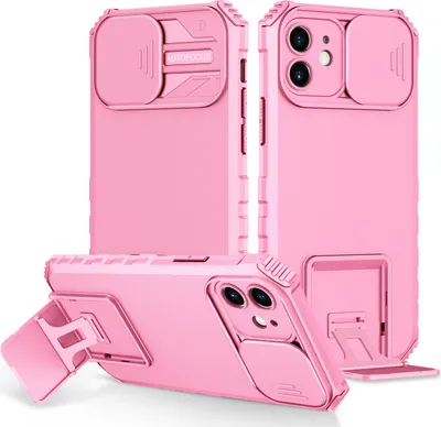 Produktbild von iPhone 12 Hülle, Dual Layer Ständer Schutzhülle mit Schiebe Kamera Schutz für iPhone 12 Pink