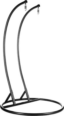 A black metal stand for a hanging chair.