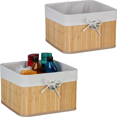 Produktbild von Relaxdays Aufbewahrungskorb 2er Set, Bambus, Stoffeinsatz, HBT: 20x31x31 cm, Körbchen Griffloch, Regalkorb, natur/weiß