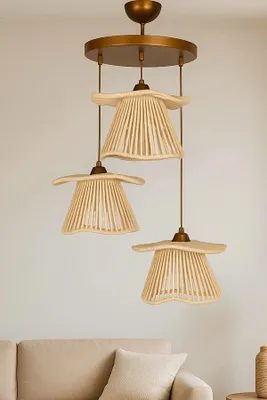 Produktbild von Opviq, Vintage Ecru Hängeleuchte, 50 cm, Höhenverstellbar (35-75 cm) | Kunststoffkörper, Makramee-Kappe, 3 x E27, Max 40 W | Boho-Rustik für stilvolle Räume