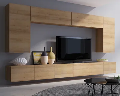 Produktbild von Wohnwand Amanda VII, Wohnzimmer-Set, Anbauwand, Schrankwand, Mediawand 300cm Breite (Eiche Gold)