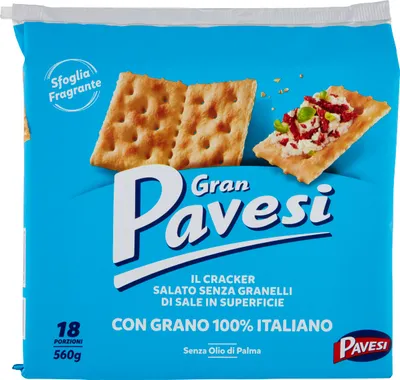 Zdjęcie produktu dla Gran Pavesi Il Cracker Salato, Słone krakersy, Sól, 560 g, Kwadrat, 18 szt., 1842 kcal