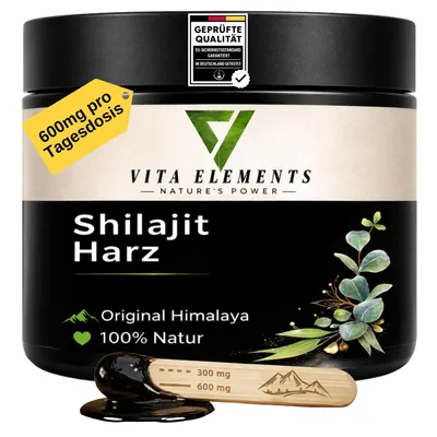 Vita Elements Shilajit Harz aus dem Himalaya, 600 mg Tagesdosis, geprüfte Qualität aus Deutschland.