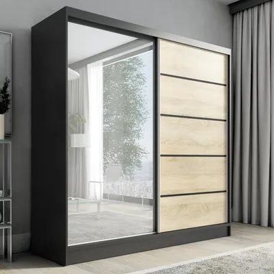 Produktbild von Schwebetürenschrank, 2-türig Schrank mit Spiegel KARO 2 200 cm (Schwarz , Sonoma)