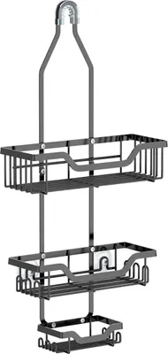 Produktbild von Rostfreie Duschablage mit 12 Haken & Seifenkorb - Bad-Organizer ohne Bohren für Rasierer & Handtücher, Schwarz/Silber