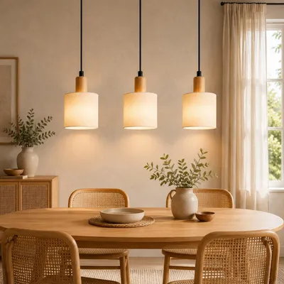 Image de Suspension ZMH avec abat-jour en tissu, 3 lumières, table à manger en bois, style vintage, lampe suspendue E14, idéale pour le salon, le restaurant, la chambre à coucher ou la cuisine, couleur blanche