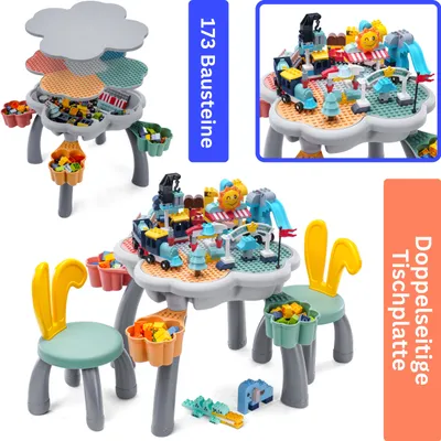 Produktbild von WonderMind® Bunny Kinder Spieltisch/Sandkasten (drinnen oder draußen) mit doppelseitiger Tischplatte und 2 Stühlen, + 173 Bauklötze (DUPLO-kompatibel)