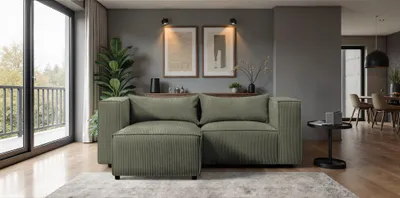 Produktbild von Ecksofa Designersofa NEVIO XS in Stoff Lincoln Moosgrün Ottomane Links