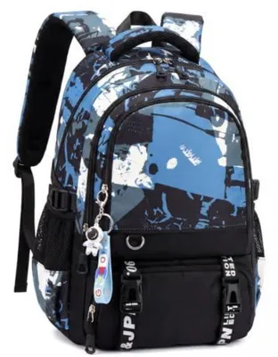Productafbeelding van Rugzak voor jongens en tieners, met graffiti-print, zwart/blauw, 40 liter, waterafstotend, 35x24x48 cm
