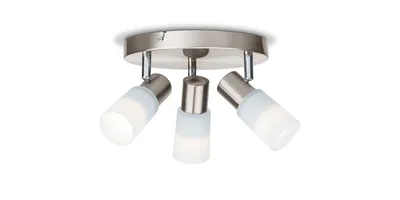 A three-headed ceiling light fixture with a brushed metal finish and frosted glass shades.