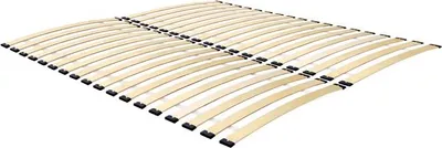 A wooden bed slatted base shown from a diagonal angle against a white background.