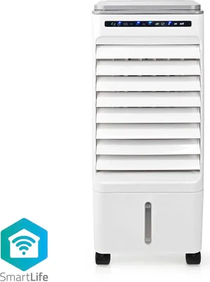 A white portable evaporative cooler with a control panel at the top, louvered vents, and a water level indicator. A blue hexagonal logo with a house and WiFi symbol is in the bottom left corner, along with text.