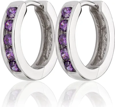 Produktbild von Paar 14mm 925 Sterling Silber Klappcreolen Zirkon amethyst Ohrringe rhodiniert