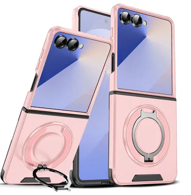 Produktbild von Handyhülle für Samsung Galaxy Z Flip7 Dual-Layer Stoßfest Militär Hülle mit Magnetisch Ring Ständer Pink