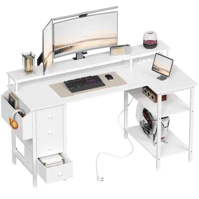 Zdjęcie produktu dla Yaheetech – biurko komputerowe w kształcie litery L, biurko ze stacją ładującą, odwracalne biurko do gier, z uchwytem na monitor i torbą do przechowywania, białe