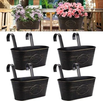 Immagine prodotto di Vasi da fiori appesi in metallo - set di 4 grandi vasi da fiori appesi per balconi, recinzioni e decorazioni da giardino all'aperto