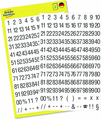 Produktbild von Avery Zweckform 3721, Zahlen-Etiketten, 85 x 160 mm, 250 Sticker / 2 Bögen, Schwarz