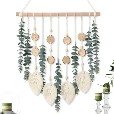 Produktbild von Wanddekoration Eukalyptus Kunstpflanze Hängend - 55 x 42 cm - Naturholzstab - Grün - Für Wohnzimmer und Schlafzimmer