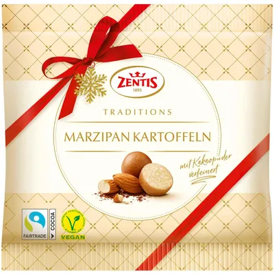 Produktbild von Zentis Marzipan Kartoffeln, 100 g, 1776 kJ, 422 kcal, 14 g, 1,2 g, 68 g