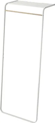 A white metal coat rack with a wooden bar, shown against a white background.