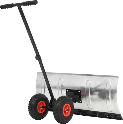A wheeled snow plow is shown against a white background.