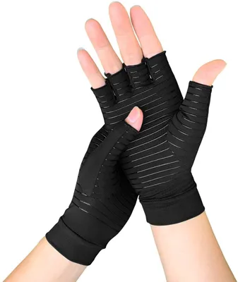 Produktbild von Kupfer-Kompressionshandschuhe für Arthritis, Damen und Herren, lindern Handschmerzen, Schwellungen und Karpaltunnelsyndrom, fingerlos, ideal zum Tippen, Gelenkunterstützung, Größe M