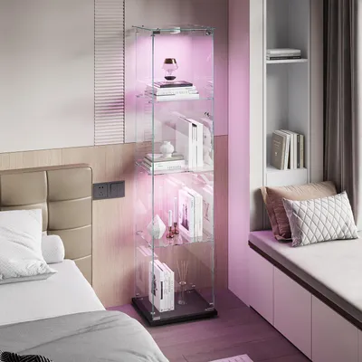 Zdjęcie produktu dla Witrażowa witryna z 4 szklanymi półkami, oświetlenie LED, wymiary 39,8 x 35 x 163 cm, kolor czarny, 1 drzwi