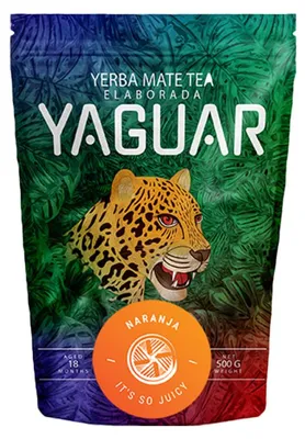 Immagine prodotto di Yaguar - Tè di mate all'arancia 500 g - Con aroma di scorza d'arancia - Essiccato all'aria - Delicato, poco polveroso - Yerba mate del Brasile - Stagionato 18 mesi