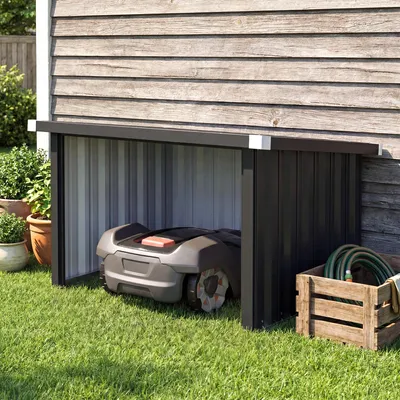 Produktbild von SUGIFT Mähroboter Garage Stahl, Rasenmäher Garage Pultdach Schutzkante, Dunkelgrau | 108 x 86 x 62,5 cm | 8,5 kg | Verzinkter Stahl