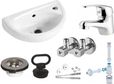 Immagine prodotto di Set: Lavabo piccolo OVAL 23 x 39 cm, rubinetto per lavabo cromato, valvola ad angolo, mezzo sifone bianco, colino per lavabo, set di viti