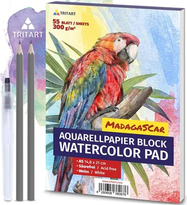 Produktbild von Tritart 55 Blatt Aquarellpapier A5 300g Set - Aquarellblock Din A5 - Aquarell Papier in Weiß - Malpapier inkl. Water Brush Wassertankpinsel und 2 Bleistifte