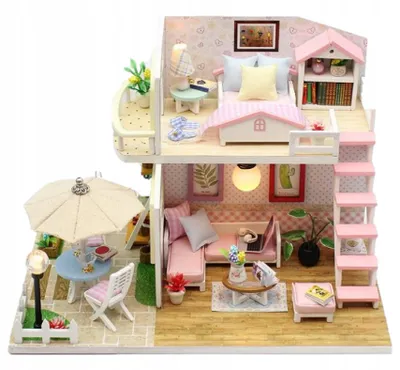 A miniature dollhouse with multiple rooms and outdoor patio.
