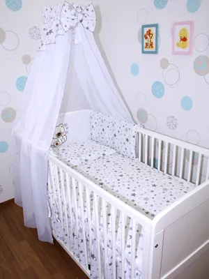 Produktbild von Primawela Baby Bettwäsche Set mit Applikation- 6 teiliges Set mit Chiffon Himmel Bettset Nestchen- 9.Bärchen mit Herzen-Star Hell