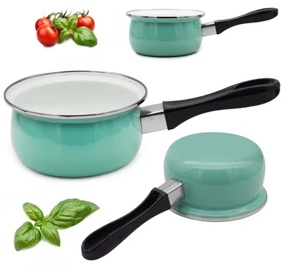Zdjęcie produktu dla Rondel 600ml Emaliowany Seledynowy z Rączką Uniwersalny do Gotowania 12cm
