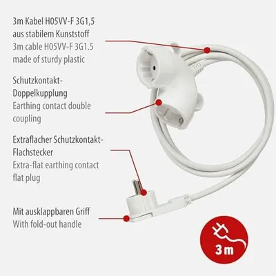 Obrázok produktu pre Brennenstuhl 1161820223, 3 m, Typ E / F, Type F (CEE 7/4), Plast, Polyvinylchlorid (PVC), Biela, 2 AC zásuvky/AC zásuviek